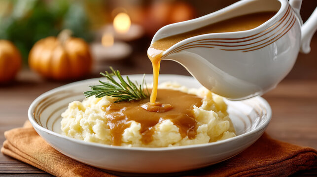 Thanksgiving feast gravy boat and mashed potatoes with rosemary