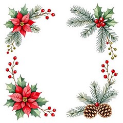 Christmas and New Year decoration set with fir branches, pine cones, holly berries and snowflakes. 