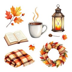 winter clothes and accessories. Knitted mittens, scarf, hat, mittens, coffee cup, lamp, candle, woolen socks.