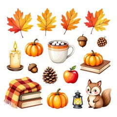 Autumn set with pumpkin, acorn, book, candle and squirrel.