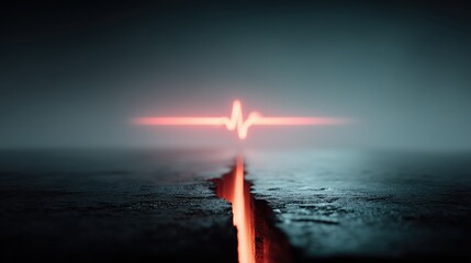 Glowing red heartbeat line pulse hovering over cracked dark ground.

