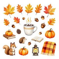 Autumn set with pumpkin, acorn, book, candle and squirrel.
