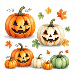 Set of Halloween pumpkins with different emotions. illustration isolated on white background.