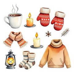 winter clothes and accessories. Knitted mittens, scarf, hat, mittens, coffee cup, lamp, candle, woolen socks.
