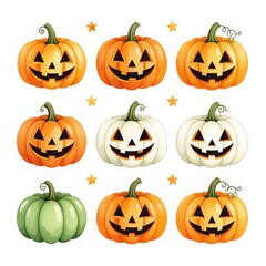 Set of Halloween pumpkins with different emotions. illustration isolated on white background.