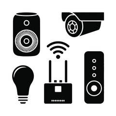 A collection of smart home devices and security systems illustrated in black