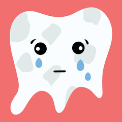 Decayed tooth illustration, sad cavity character. Tooth with plaque vector, dental decay icon. Crying tooth cartoon, cavity and tartar drawing