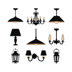 A collection of black and white decorative lighting fixtures in various styles