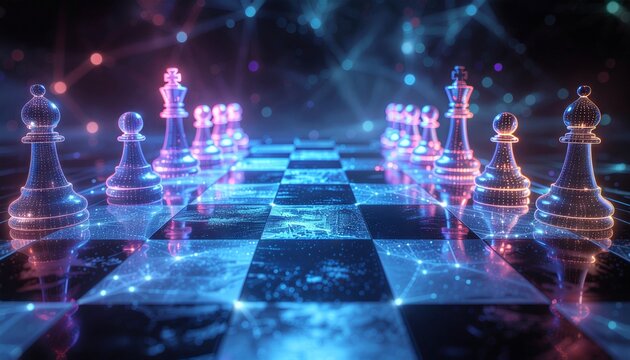 Futuristic chess game with glowing neon pieces on a digital board, strategic thinking and modern technology meet in this compelling composition
