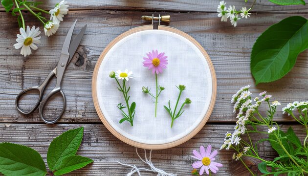 Delicate daisies being arranged in embroidery hoop for a charming spring craft project, perfect for DIY enthusiasts seeking a creative hobby inspiration