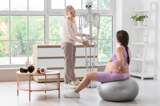 Young doula demonstrating pelvic bones of human skeleton to pregnant woman on fitness ball at home