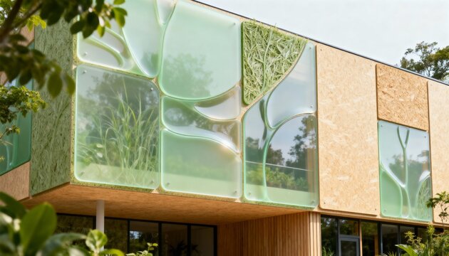 Medium shot of bioplastic panel installation on ecoconscious structure focusing on innovative recyclable surface and environmental benefits