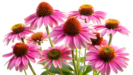 Cluster of Vibrant Pink Coneflower Blooms with Spiky Orange Centers and Green Stems, cutout, PNG isolated on white or transparent background