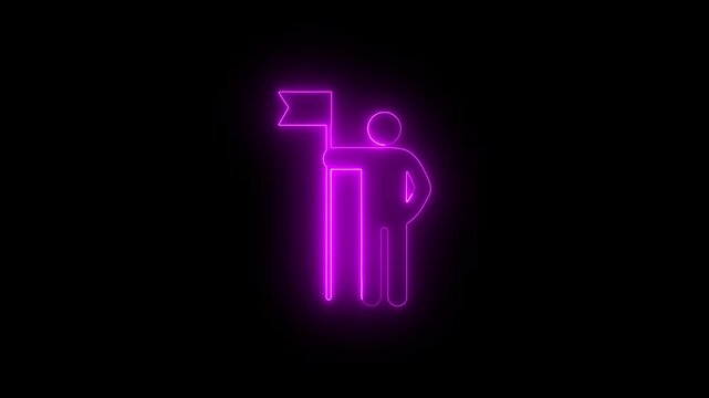 Glowing neon line of businessman holding flag icon on transparent background. Business concept of victory, success, goal achiever, win, best worker, top employee and leadership. 4K video