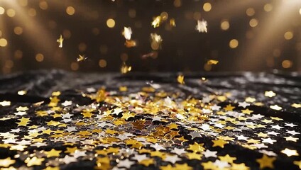 Confetti swirling gently in slow motion on black velvet for a festive New Year’s theme.