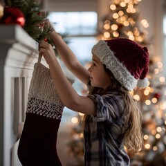 Child Decorating Christmas Tree with Ornaments in Festive Home Interior