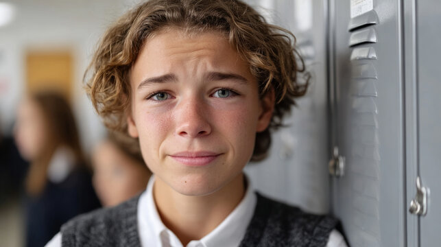Teenage student in school uniform standing by lockers