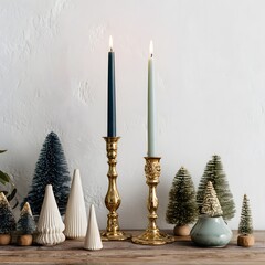 Minimalist Christmas Display with Candles and Miniature Bottle Brush Trees
