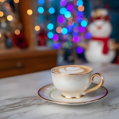 Coffee Cup with Latte Art and Colorful Christmas Bokeh Lights