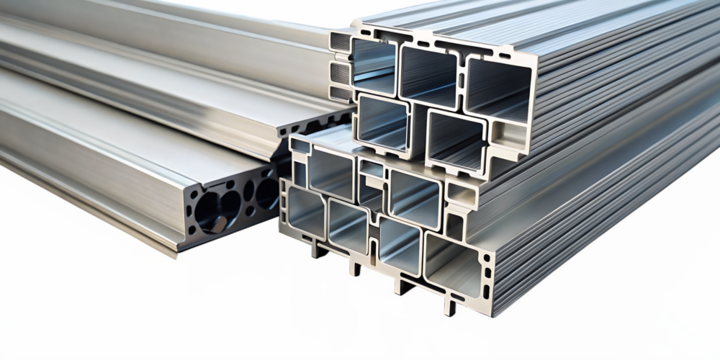 Stacked Extruded Aluminum Profiles with Various Cross-Sections and Hollow Interiors, cutout, PNG isolated on white or transparent background