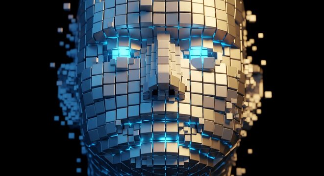 Digital abstract human face composed of metallic cubic pixels with glowing blue eyes, representing artificial intelligence or data.