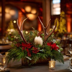 Rustic Christmas Centerpiece with Antlers Evergreen and Red Berries