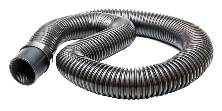 Flexible Ribbed Plastic Heater Duct Hose with Metal Clamp Detail, cutout, PNG isolated on white or transparent background