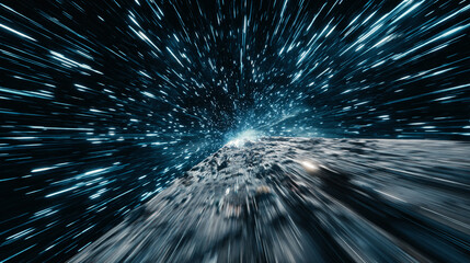 Obraz premium Hyperspace jump through a luminous tunnel, flying past stars at lightspeed with streaking motion, evoking abstract spaceship travel and sci-fi light-speed acceleration.