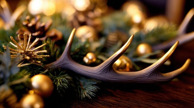 Elegant holiday decoration featuring a deer antler surrounded by golden ornaments and pine cones - Powered by Adobe