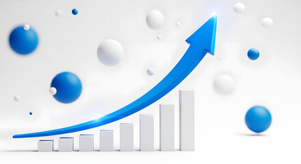 Abstract blue arrow graph showing upward trend with floating spheres and white bars on white background