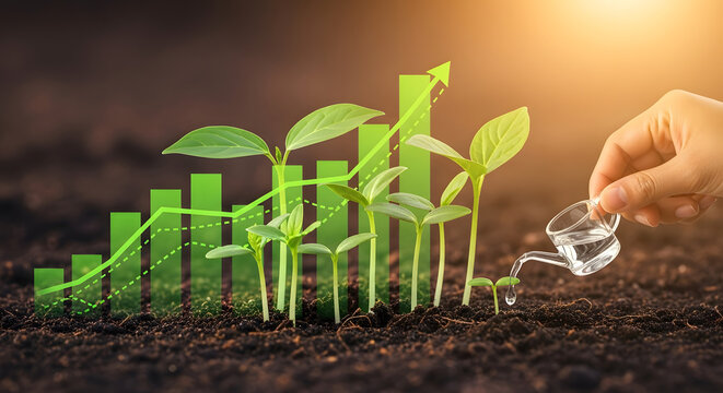Green sprouts growing from soil in front of a rising financial graph with a hand watering them