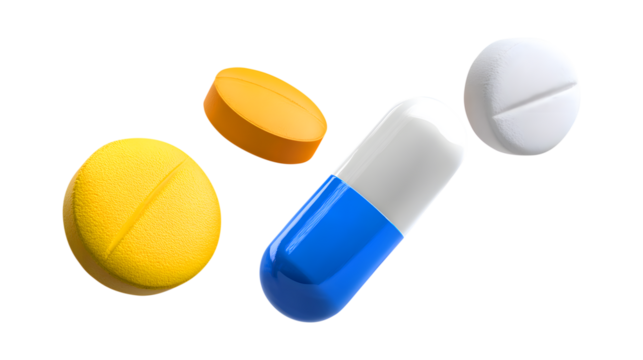 Assorted pills and capsule floating on light blue background isolated on a transparent background