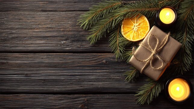 Festive arrangement of a wrapped gift, dried orange slice, and candles on rustic wooden table with pine branches