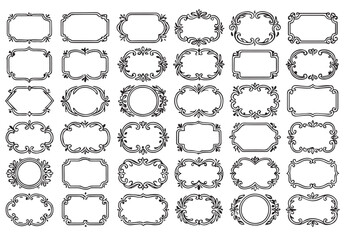 Elegant Vintage Frame Set. Ornamental Flourish Border, Decorative Swirl Label, Antique Frame Corner, and Wedding Invitation Element Vector Collection.