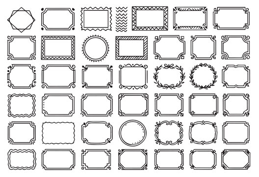 Decorative Hand Drawn Label Frames and Border Set. Vintage Badge, Hand Sketch Doodle Frame, Ornamental Corner, and Geometric Element Vector Collection.
