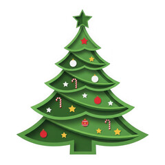 Fototapeta premium Christmas tree illustration with festive decorations in a layered paper cut-out style, perfect for holiday season greetings and designs.