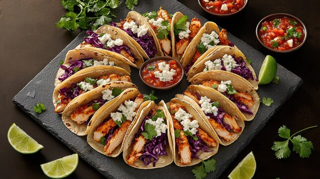 Artisanal chicken tinga tacos with purple cabbage slaw and queso fresco arranged in circular pattern on dark slate serving board