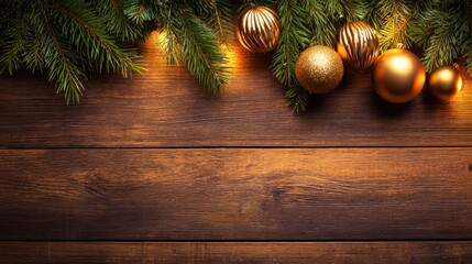Festive Christmas decorations with golden ornaments and pine branches on a rustic wooden background
