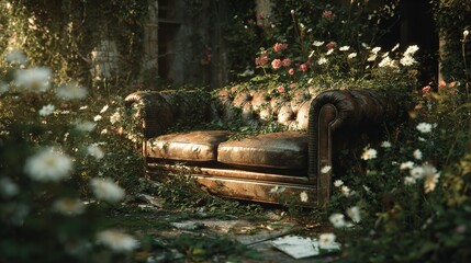 A vintage couch blends into an overgrown environment