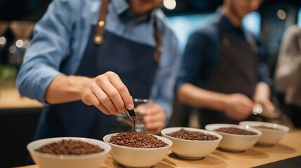 A barista hosting a coffee cupping session, spreading freshly ground beans on a table and guiding guests through fragrance, acidity, and mouthfeel evaluations — specialty coffee tasting, artisanal