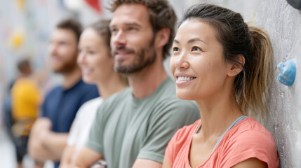 Group of diverse climbers waiting for their turn at indoor rock climbing facility