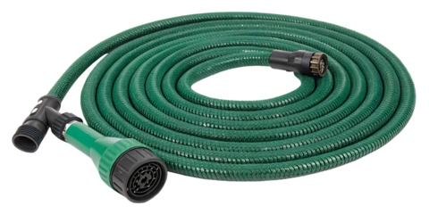 Green Garden Hose with Black and Green Spray Nozzle Coiled in Spiral, cutout, PNG isolated on white or transparent background
