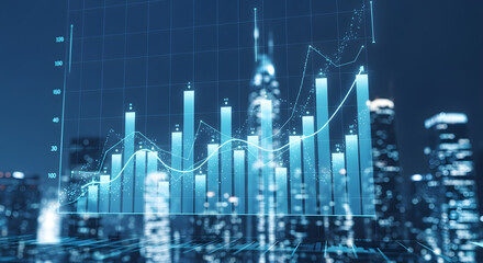 Futuristic glowing blue bar graph overlayed on a blurry cityscape at night