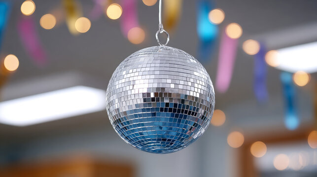 Vibrant disco ball reflecting colorful lights at party celebration