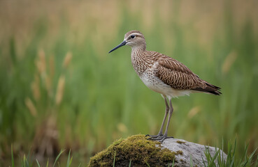 Eurasian whimbrel stands on mossy stone in green meadow. Wild shorebird brown plumage, long beak. Numenius phaeopus wader perches in natural habitat. Beautiful avian creature seen in summer wetland.