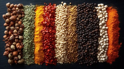 Colorful assortment of mixed spices arranged in neat rows on a dark surface, showcasing vibrant textures and flavors for culinary, food industry, and recipe-themed projects