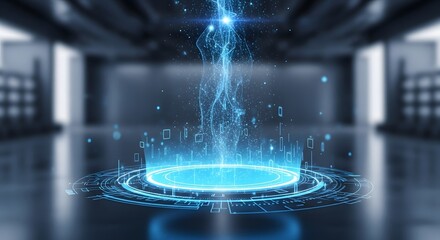 Futuristic Hologram Interface with Blue Light Particles in a Tech Lab