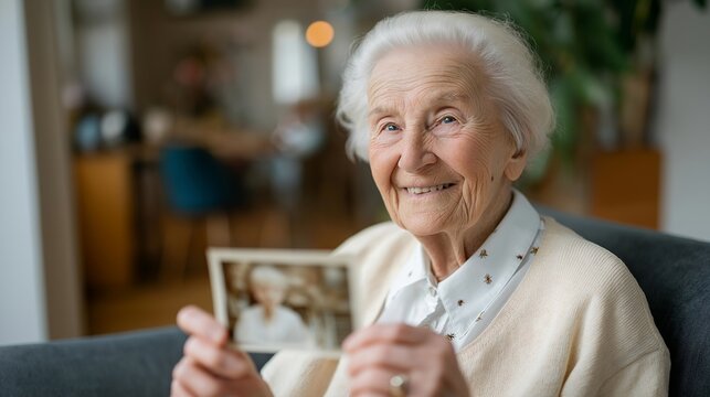 An elderly woman in a softly lit room reacting emotionally while holding an old photograph, her smile blending nostalgia and longing — memory, generational storytelling, and sentimental emotional