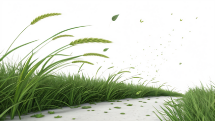 Lush Green Grass and Feathery Seed Heads Swaying in the Wind with a Textured White Path, cutout, PNG isolated on white or transparent background