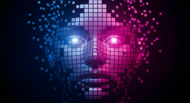 Abstract digital humanoid face dissolving into pixels with glowing blue and pink neon light, representing artificial intelligence and cyberspace.